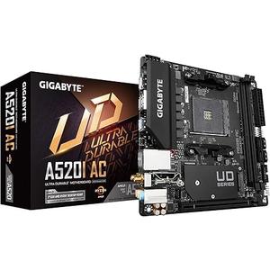 Gigabyte A520I AC (AMD Ryzen AM4/MiniITX/Direct 6 Phases Digital PWM with 55A DrMOS/Gaming GbE LAN/Intel WiFi+Bluetooth/NVMe PCIe 3.0 x4 M.2/3 Display Interfaces/QFlash Plus/Motherboard)