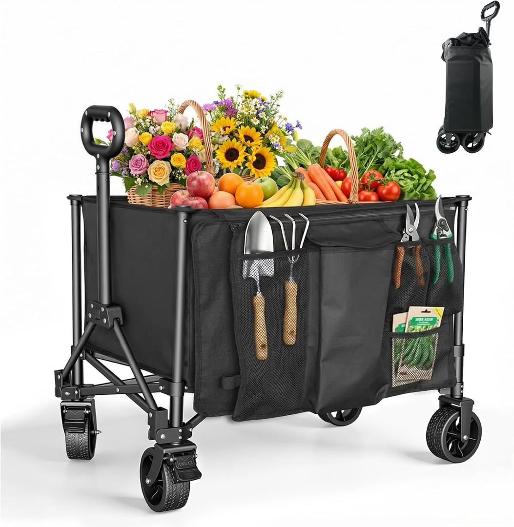 Small Collapsible Wagon Carts 140L with Waterproof Cover, 360LBS Heavy Duty Foldable Grocery Cart with Detachable Side Pouch & 360° Front Wheels for Garden,Camping, Shopping, Outdoor Sports (Black)
