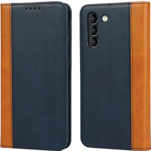 for Samsung Galaxy S21 FE 5G Fashion Wallet Case, Two-Tone Magnetic Cover with Kickstand - Blue with Yellow