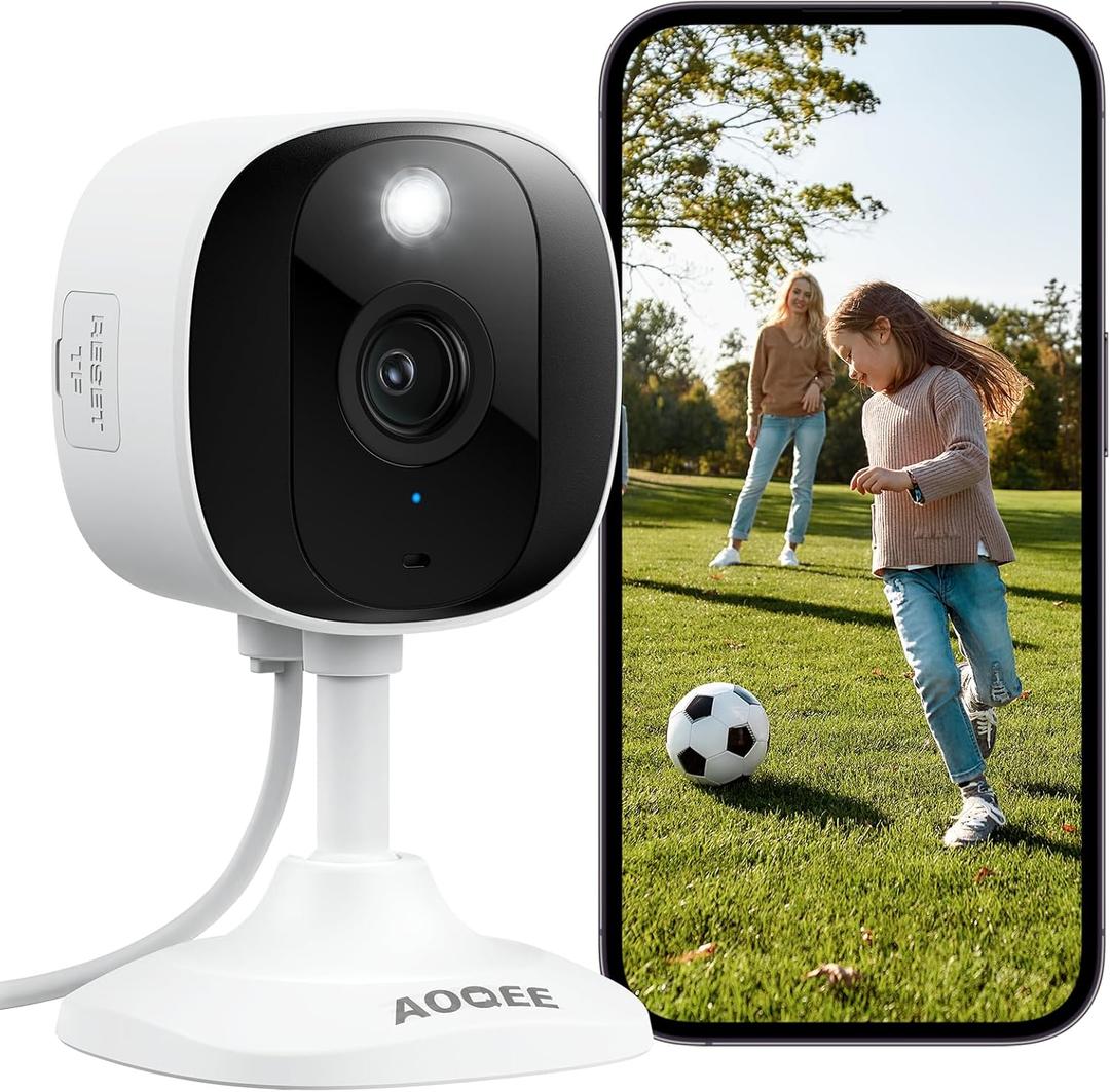 AOQEE 2K Cameras for Home Security-Outdoor/Indoor Camera for Dog/Cat/Pet/Nanny/Baby/Elderly, Color Night Vision, White Light, Siren, 24/7 SD Recordings, Works with Alexa, Plug in (C1-White-1pack-2.4G)
