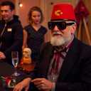 8 Pcs Halloween Old Man Costumes Accessories, Red Fez Hat, Gray Beard Eyebrow, Black Square Glasses, Fake Ears, Long Silk Bow Tie for Halloween Men Cosplay Dress up