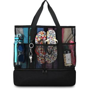 Beach Bag with Cooler,Mesh Beach Bags for Women Sandproof for Pool and Swimming Travel Daily with Durable 8 Pocket (Large, Black)