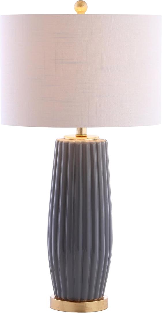 JONATHAN Y 28.5" Gray Modern Ceramic Table Lamp for Living Room Bedroom, Fluted Bedside Nightstand Lamp with White Linen Shade, Gold Base, LED Bulb Included (JYL5045B)