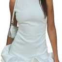 Unybwonn Women Ruffle Bubble Mini Dress Sleeveless Ruched Hem Bodycon Dresses a Line Mock Neck Tank Short Dress Large,White 