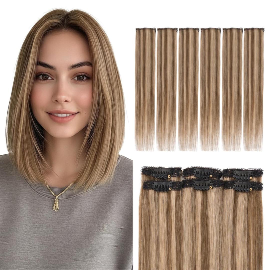 Elailite Clip in Hair Extensions Real Human Hair 6PCS Lace Weft Remy Hairpieces for Women Adding Volume 16 Inch Medium Brown & Dark Blonde