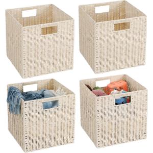 TAIMEI&G02 12x12x12inch Plastic Wicker Cube Baskets Large Square Foldable Handwoven Laundry Organizer Set of 4, lvory