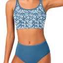 Girls Swimsuit Two Piece Double Straps Sporty Bathing Suit High Waisted Bikini Tropical Floral Swimwear 9-16Y (Blue)
