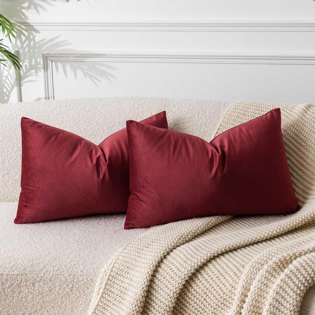 JUSPURBET Decorative Pillow Covers Set of 2 Velvet Throw Pillow Covers for Couch Sofa Bed Soft Lumbar Cushion Covers with Hidden Zipper for Living Room Home Decor,Burgundy,14x24 inch