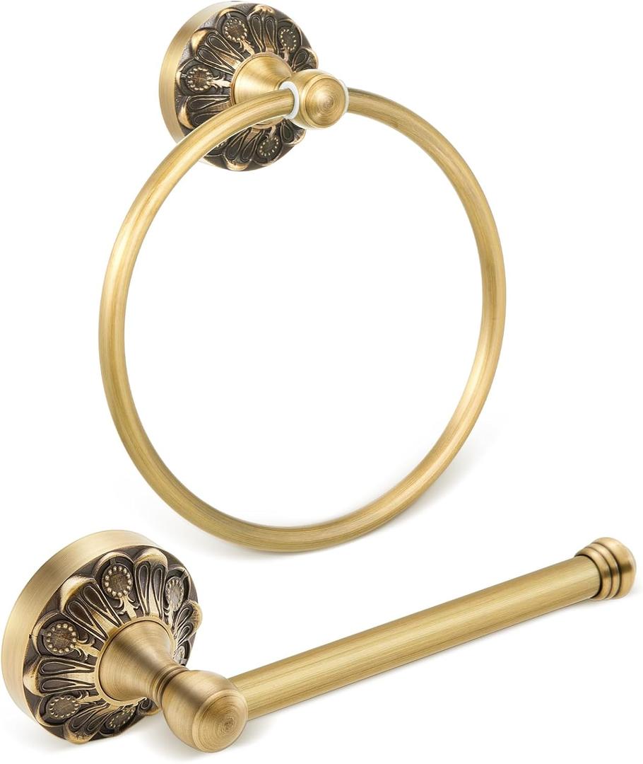 2 Pieces Set Antique Brass Toilet Paper Holder Retro Brass Hand Towel Ring Tissue Roll Paper Hanger Bathroom Hardware Wall Mounted Vintage Bathroom Accessories (Round)