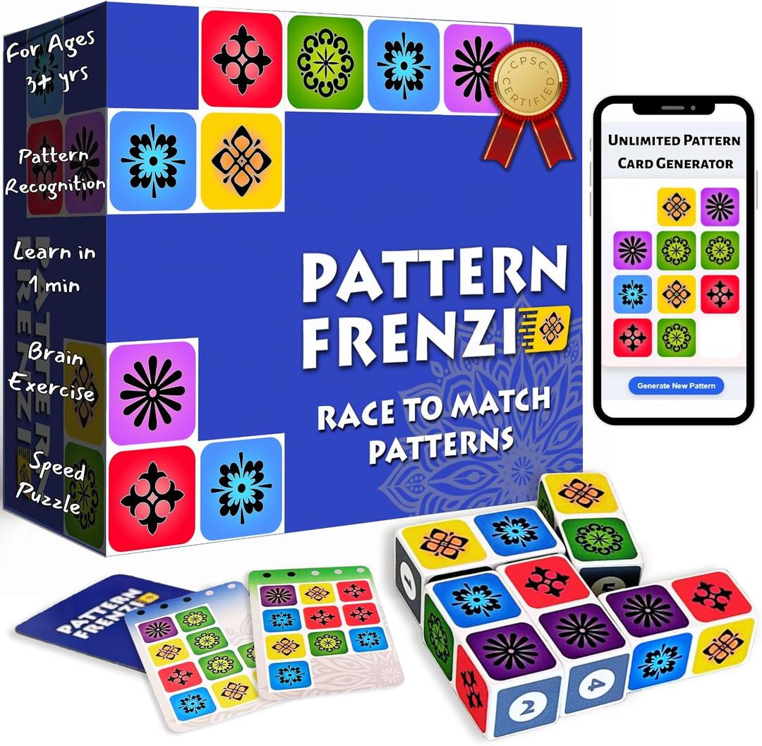 Pattern Matching Board Game for Kids & Adults, Family Night Board Games, Block Puzzle Games for Kids, Ages 3+ to 99 yrs, Play 1 to 5 Players, Unlimited Puzzle Cards, Perfect All Occasion Gift