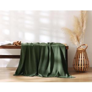 AORISSI 100% Cotton Muslin Throw Blanket for Bed, Couch, Small, Decorative, Soft, Pre-Washed, Breathable and Lightweight Gauze Blanket with Tassels, Suitable for All Seasons, Olive Green, 50"x60"