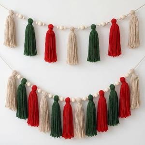 2 Pcs Tassel Garland with Wood Beads, Handmade Cotton Yarn Wall Hanging Banner Boho Tassel Wall Hanging Party Decor for Nursery, Birthday Baby Shower Home Classroom Decoration(Red Green)