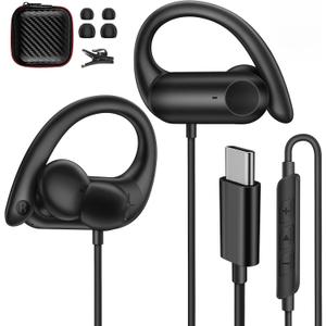 USB C Headphones Over Ear Hooks for Samsung Galaxy S26 Ultra S25 S24 S23 S22, Wrap Around Ear Buds with Loops Mic Type C Earphones Running Sport Wired Earbuds for iPhone 17 e 16 15 Pro Max Plus Air