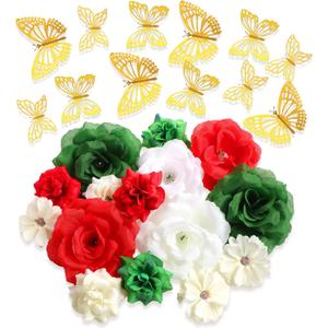 Knitgrip 27 Pcs DIY Graduation Cap Decorations Accessory Kit Include Faux Flower Heads and 3D Butterfly for Graduation Cap Decoration Home Decoration Craft Supplies(Green Red)