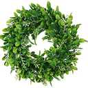 Artificial Green Leaves Wreath - 11 inch Artificial Boxwood Wreaths with White Flower for Window Wall Wedding Decor,1Pack