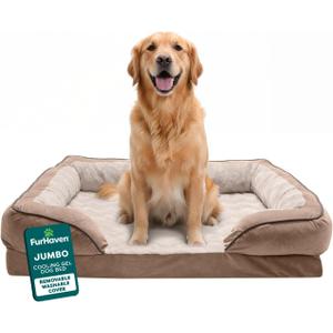 FurHaven Cooling Gel Dog Bed for Large Dogs, Perfect Comfort Sofa Bed, Cool Gel-Top Foam & Solid Orthopedic Foam Base for Joint Support, Removable Washable Cover, Jumbo/XL, Plush & Velvet, Brownstone