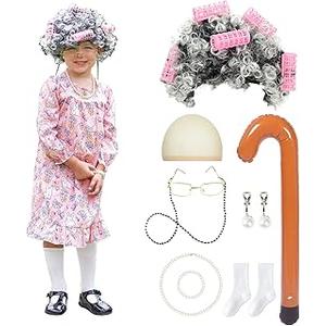 Aoiviss Old Lady Costume for Kids Girls 100th Day of School Costume Halloween Grandma Dress up Cosplay Accessories, 5