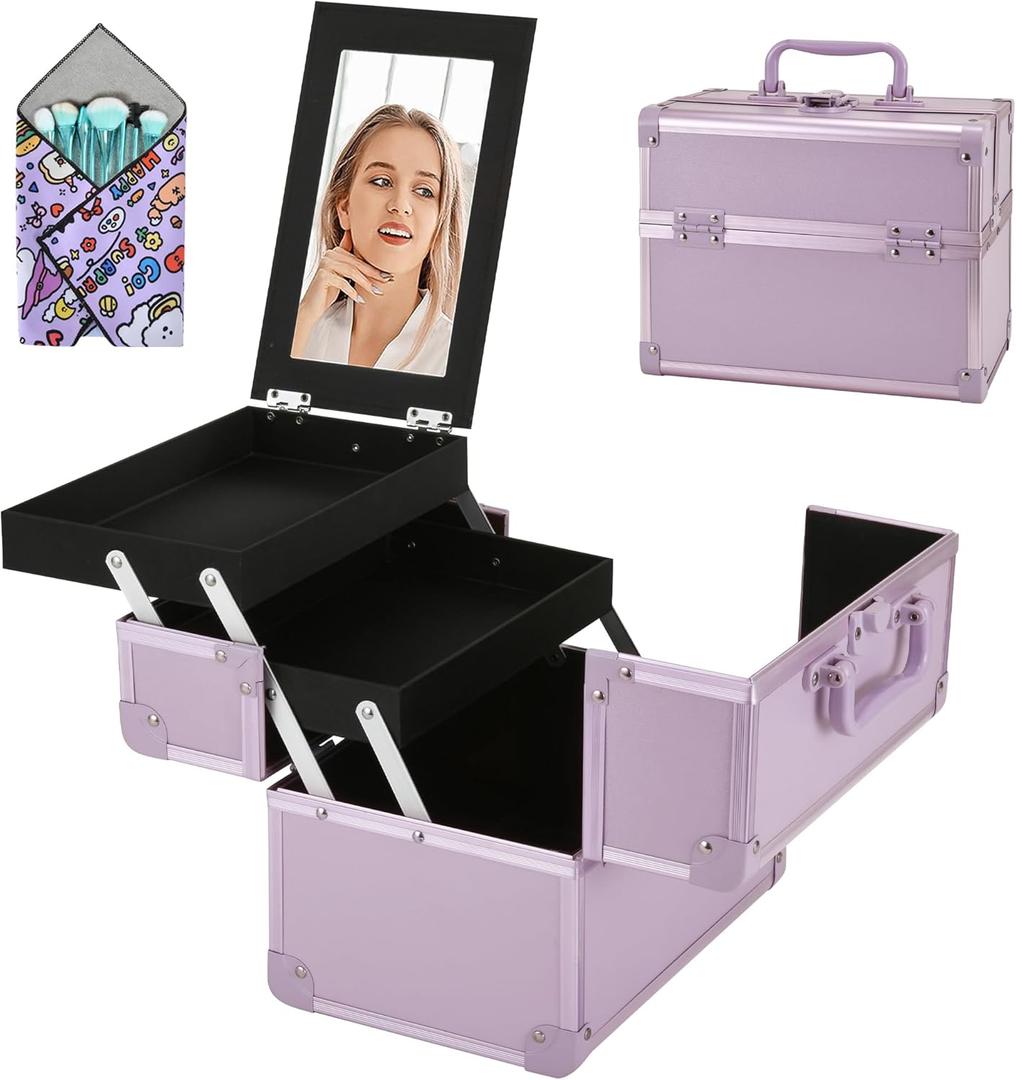Makeup Train Case, Portable Makeup Case with Mirror, 2-Trays Cosmetic Organizer Case,Nail Polish Organizer, Travel Makeup Box, Profesional for Salon Barber, Purple