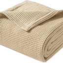PHF Reversible Waffle & Muslin Blanket 100% Cotton 400GSM Queen Size 90" x 90", Breathable Lightweight and Soft, Luxury Aesthetic Waffle Gauze Blanket for Home Decor, Ideal Gift, Oak
