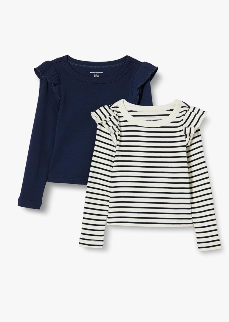 Amazon Essentials Girls and Toddlers' Long Sleeve Ruffle T-Shirt, Pack of 2