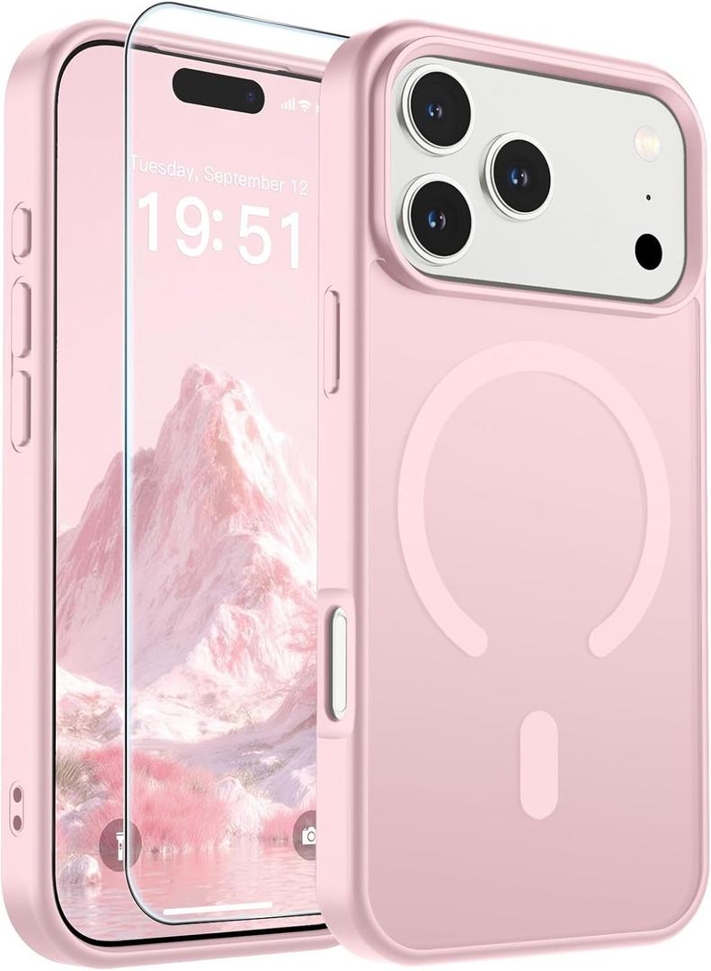 SUPFINE Magnetic for iPhone 17 Pro Case with Screen Protector (Compatible with MagSafe)(Military Grade Drop Protection) Translucent Matte Shockproof with Anti-Fingerprint Phone Cover,Light Pink