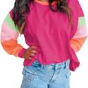 miduo Womens Long Sleeve Tops Color Block Stitching Casual Loose Fit Crew Neck Shirts Blouses (Pink, M)