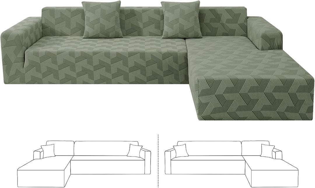 ZNSAYOTX Stretch Sectional Couch Covers New-Rectangle Texture, Thick Slipcovers with Elastic Bottom for L Shape Sectional Sofa, 2 Pcs Pet Friendly Universal Protector for(Chaise or Sofa), Army Green
