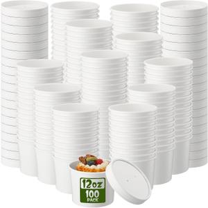 Fulmoon 100 Pack Paper Soup Containers with Lids Disposable Paper Food Containers with Vented Lid Kraft Ice Cream Cake Dessert Cups Soup Bowl for Hot Food Fruit Microwave Restaurant(12 oz,White)