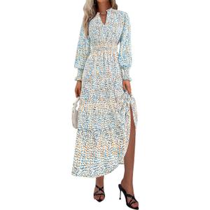 PRETTYGARDEN Women's Floral Maxi Dress 2026 Fall Long Sleeve V Neck A Line Long Flowy Spring Party Boho Dresses, XX-Large (Floral Blue White)