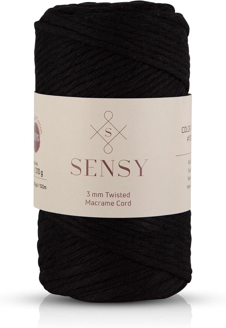 Sensy Premium Cotton Cord 3mm, 109 Yards - Macrame Rope, Yarn (Black)