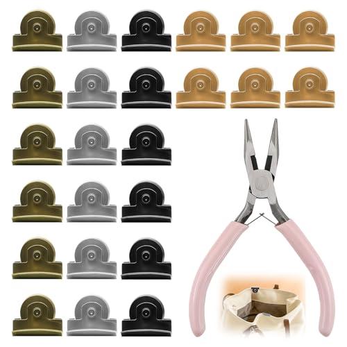 24 Pairs Seamless Magnetic Snaps for Purses and Totes, Ideal for Bags Clothing Sewing and Craft Projects, Metal Closures in Gold Silver Gunmetal Copper (4 Colors＋Tweezers)