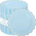 LIYH 100 Pcs Blue Plastic Plates - 7.5 Inch Scalloped Edges Disposable Dessert/Salad Plate- Blue with Gold Rim Premium Hard Appetizer Cake Plastic Plates for Party, Weddings, Bridal Shower