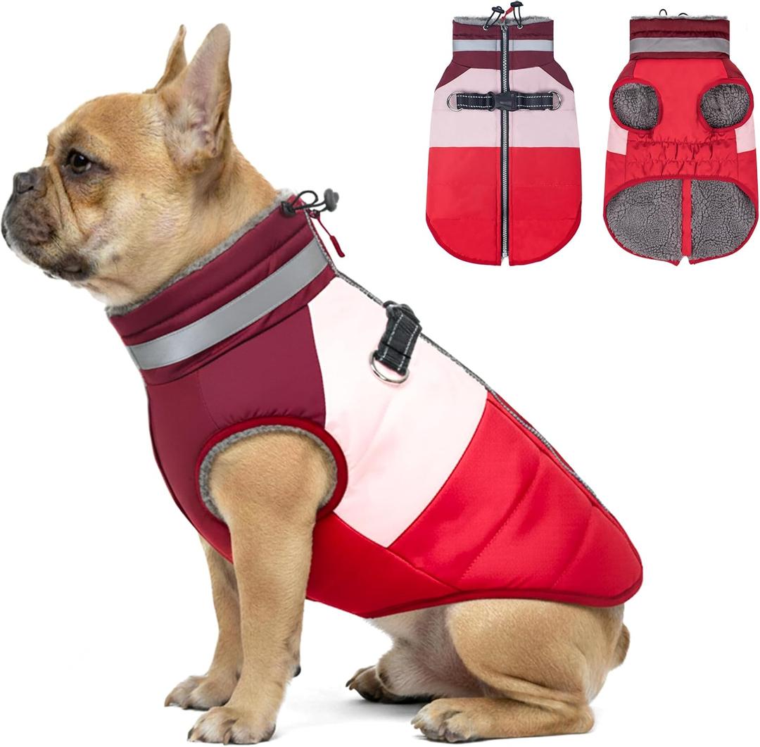 azuza Dog Jacket for Medium Dogs Waterproof Dog Coat with Reflective Strips and Harness Built in Warm Fleece Dogs Winter Coat Windproof with Back Zipper, Red XL