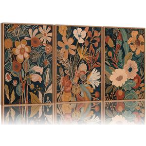 Tinonedraw Burnt Orange Floral Framed Canvas Wall Art Set of 3, Boho Chic Flower Artwork, Mid Century Modern Wall Decor, Colorful Neutral Botanical Art Prints for Bedroom Living Room Office 24"x36", 36L" x 24W"