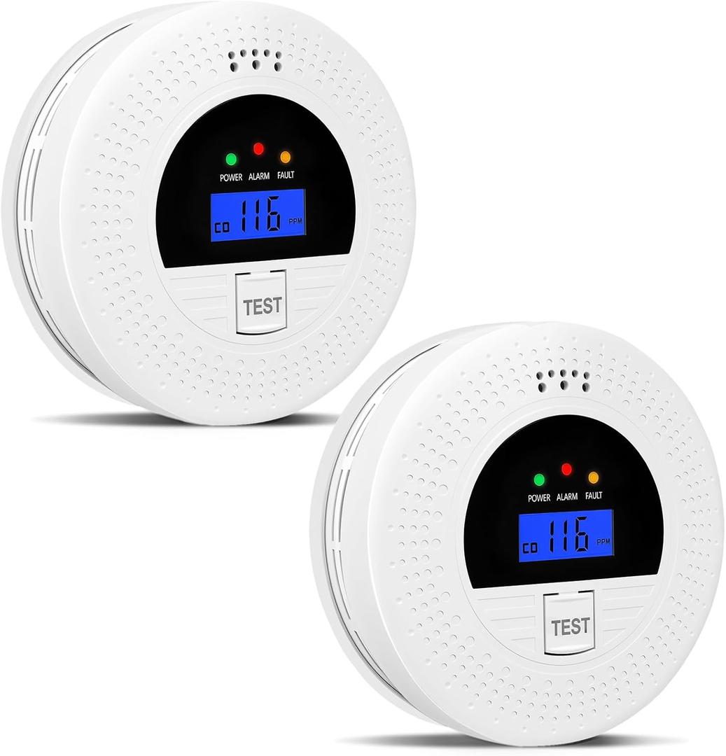 2Pack, Smoke Alarm and Carbon Monoxide Detector, Carbon Monoxide and Smoke Detectors with LCD Display, Battery Powered, Easy to Install