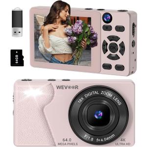 4K Digital Camera for Photography- 64MP Autofocus Vlogging Camera with Dual Lens, 18X Digital Zoom- Small Point and Shoot Camera with Card and 2000mAh for YouTube, Travel, Beginners (Pink)