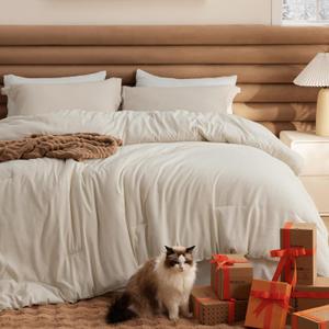 Bedsure Full Size Comforter Sets - Beige Soft Bedding for All Seasons, Cationic Dyed Bed Set, 3 Pieces, 1 Full Size Comforter (82"x86") and 2 Pillow Shams (20"x26"+2")