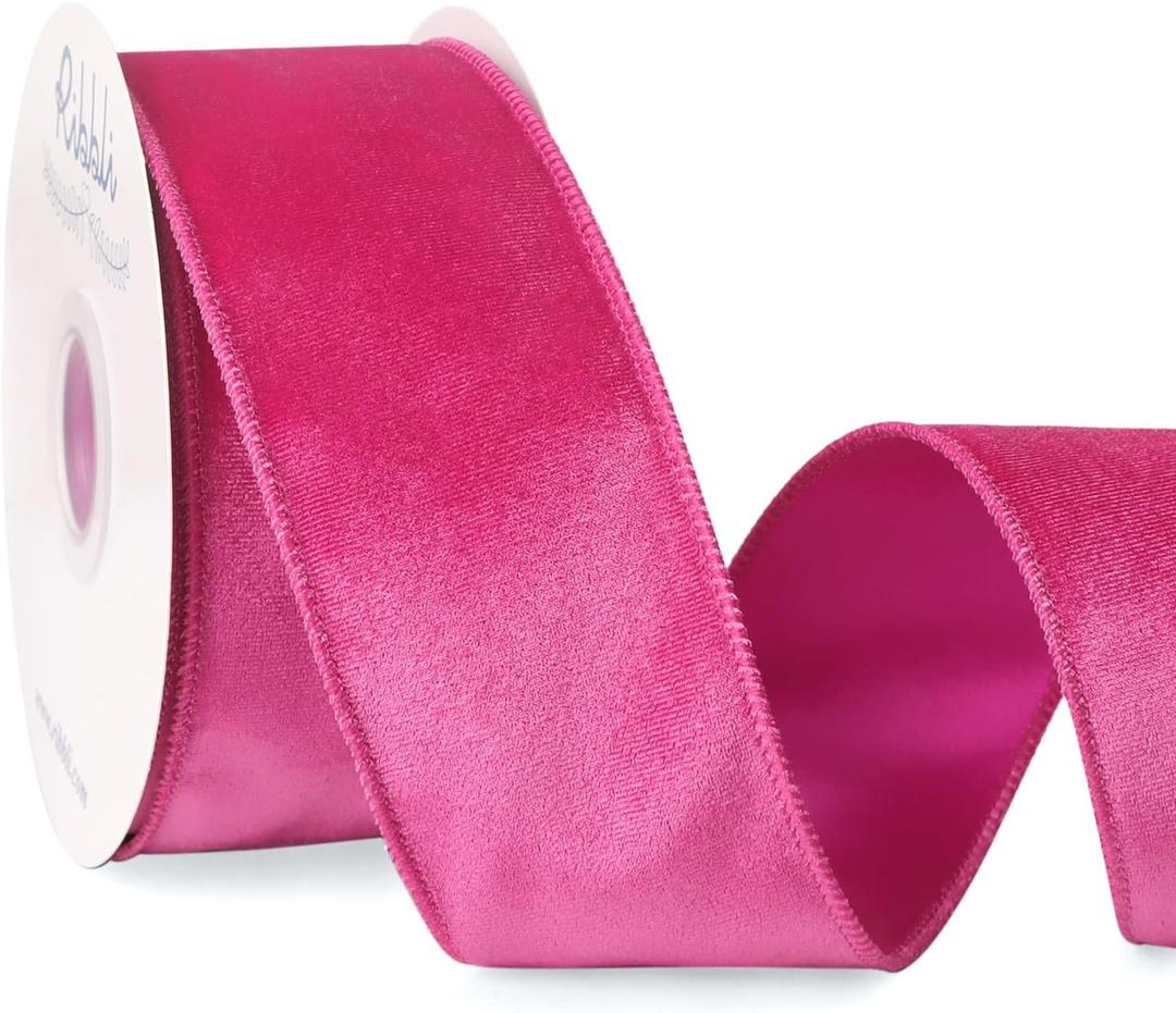Ribbli Hot Pink Velvet Wired Ribbon 2.5 Inch Velvet with Satin Christmas Ribbon for Gift Wrapping Christmas Tree Decoration Crafts Wreaths Supplies-Continuous 10 Yards