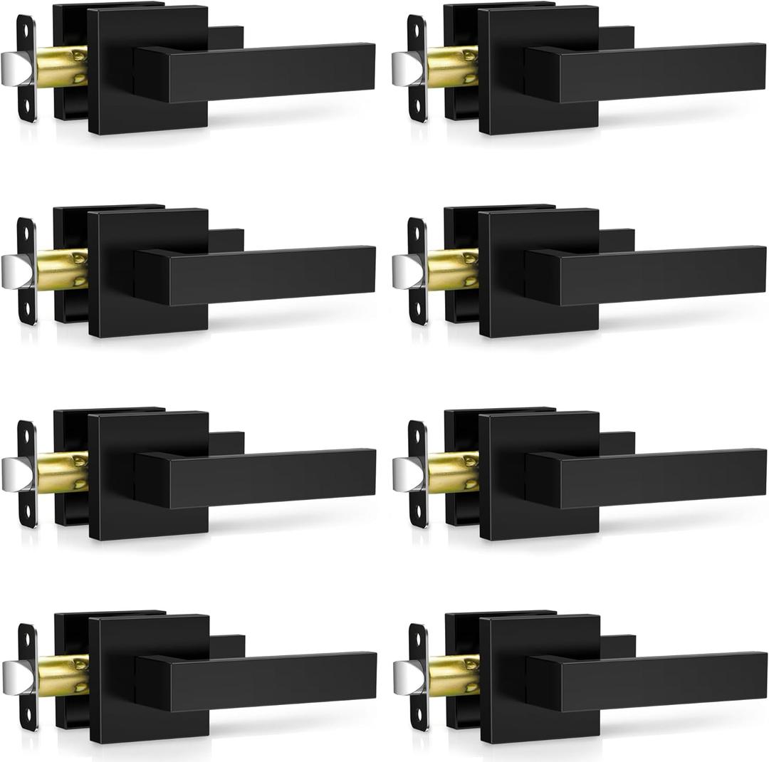 Plustool 8 Pack Matte Black Door Handles Interior, Passage Door Knobs Closet Door Levers for Hallway, Heavy Duty Square Doorknob Non-Locking Handlesets for Left & Right Sided Doors