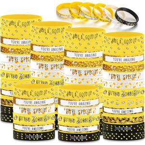Huquary 60 Pcs Yellow Silicone Bracelets Motivational Wristband Bulk Inspirational Quote Silicone Wrist Bands for Teacher Nurse Coworkers Employee Appreciation Party Supplies