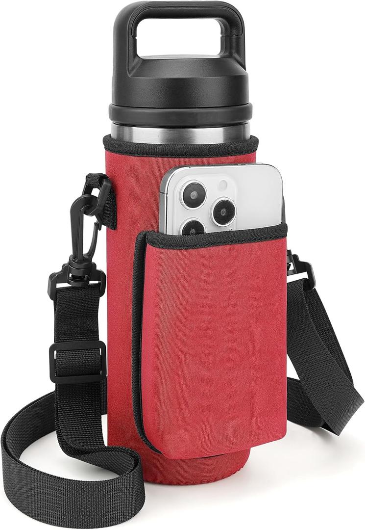 Linkidea Water Bottle Carrier with Strap Compatible with YETI Rambler Bottle 18oz, Yonder Bottle 600ml/20oz, Insulated Waterbottle Sling Bag, Shoulder Strap with Phone Pocket (Red)