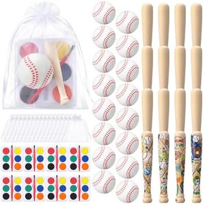 Soulchen 16 Sets Baseball Mini Bats Foam Balls Kit 3" Unfinished Wood Ball Bats 1.6" Foam Baseballs with Bags Watercolor Pigment Small Sports Party Favors for DIY Craft Dollhouse Accessories Decor