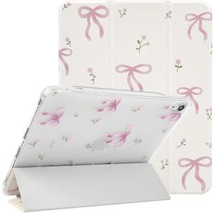 Lovmooful Compatible for iPad Air 6th 11-inch M2 (2024),iPad Air 5/4 (2022/2020 5th/4th Generation 10.9-Inch) Case with Pencil Holder Cute Bowknot Flower Soft TPU Trifold Stand Protective-White&Pink