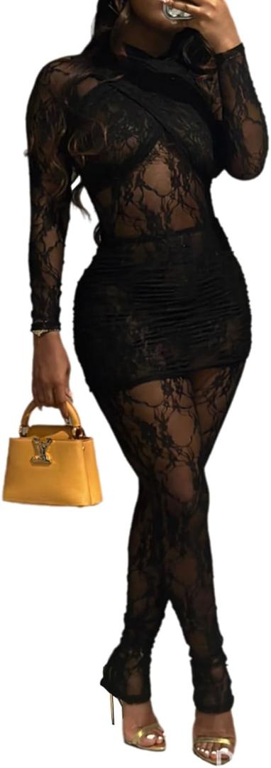 Ophestin Sexy Two Piece Outfits for Women Floral Lace Sheer Mesh Long Sleeve Top Bodycon Pants Set Club Outfits Matching Sets (Large, Black)