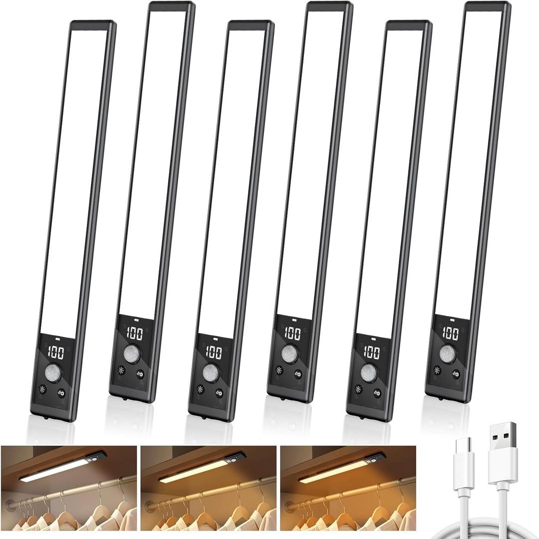 6 Pack 10" Under Cabinet Lights with Digital Display,52 LED Rechargeable Motion Sensor Light Indoor,3 Color Temperatures, Magnetic Dimmable Closet Lights, Under Counter Light for Kitchen