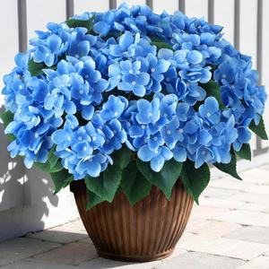 FOTEEWL 8 Bundles Artificial Hydrangea Flowers for Outdoor Decor, Realistic Faux Silk Bouquets Sun-Resistant Fake Plants for Front Door Balcony Farmhouse Garden Home Spring Summer Decor (Blue)