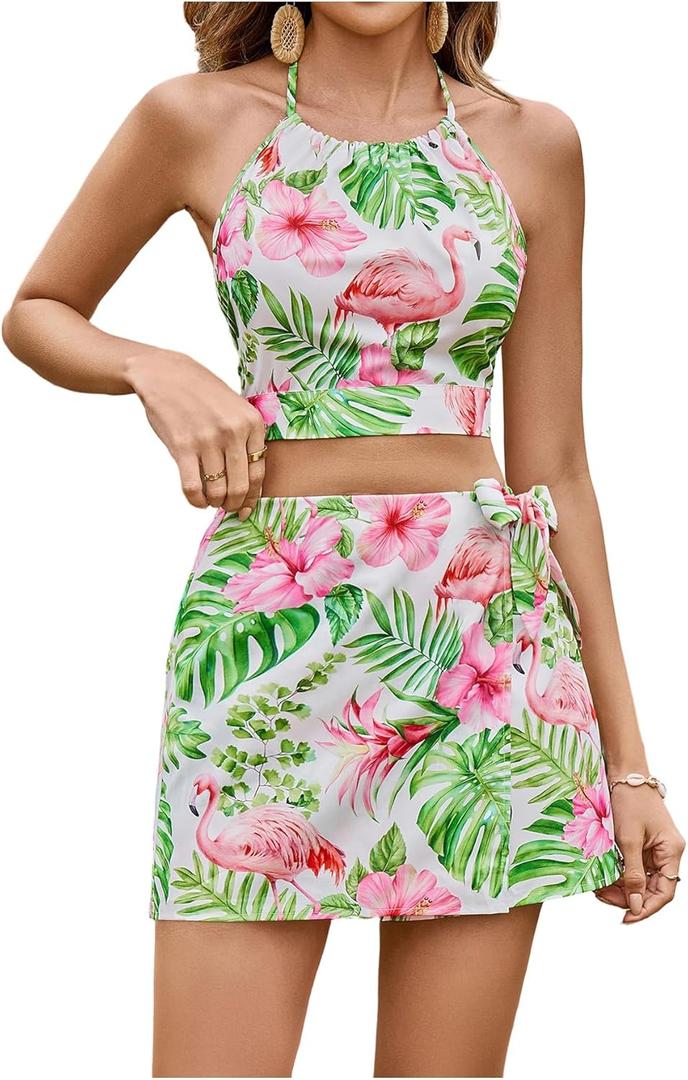 SweatyRocks Women's Tie Backless Tropical Print Halter Top and Shorts 2 Piece Vacation Outfits M
