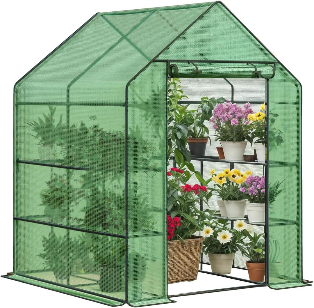 Portable Greenhouse for Outdoors | Walk in Greenhouses Heavy Duty with Durable PE Plant Cover with 3 Tiers of 12 Shelves | Gardening Plant House with Roll-up Zipper Door - 57*57*77 Inches