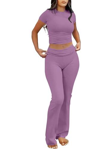 ANRABESS Lounge Sets for Women 2 Piece Foldover Yoga Flare Leggings Pants Crop Tops Casual Y2K Outfits Matching Tracksuit Set Nutmeg X-Small Purple