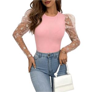 OYOANGLE Women's Floral Embroidery Mesh Puff Long Sleeve Tee Slim Fitted Knit Casual Blouses Tops (M)